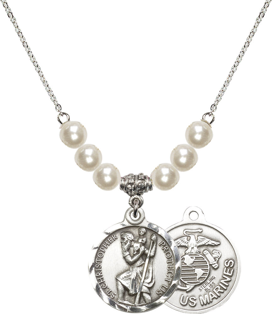 Sterling Silver Saint Christopher / Marines Birthstone Necklace with Faux-Pearl Beads - 0192