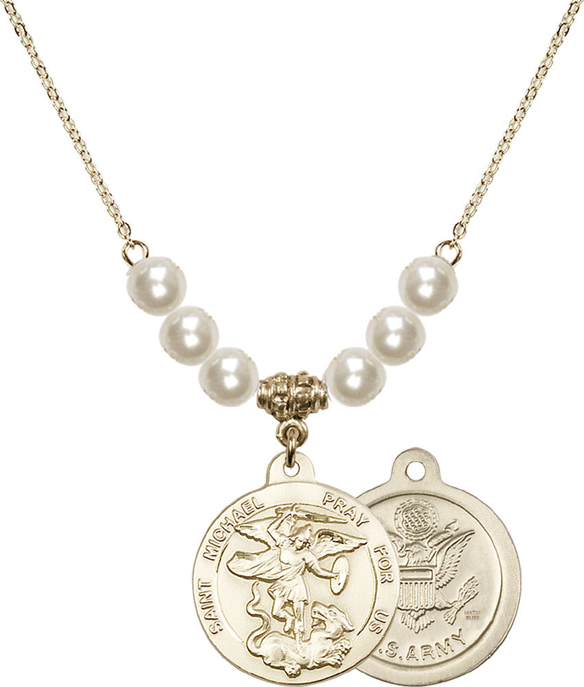 14kt Gold Filled Saint Michael / Army Birthstone Necklace with Faux-Pearl Beads - 0342