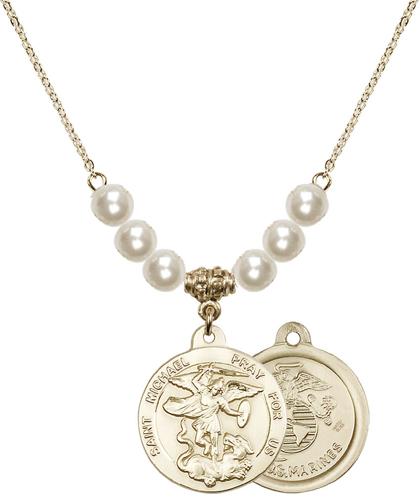 14kt Gold Filled Saint Michael / Marines Birthstone Necklace with Faux-Pearl Beads - 0342