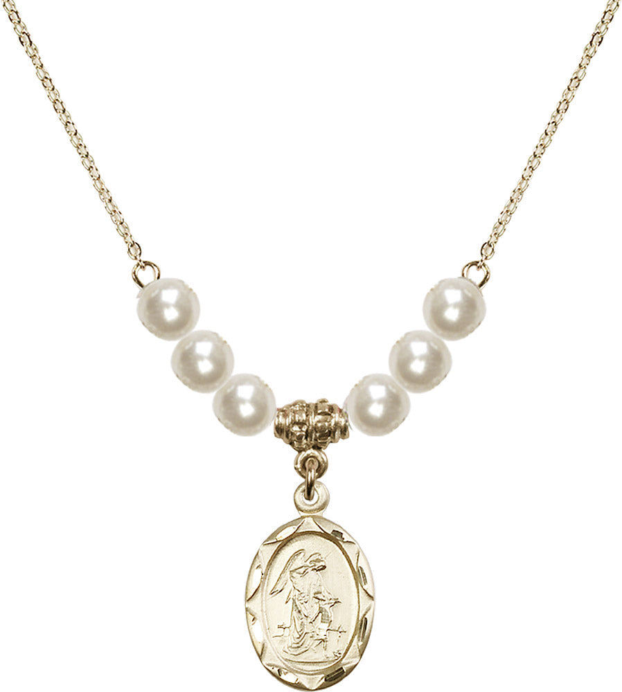 14kt Gold Filled Guardian Angel Birthstone Necklace with Faux-Pearl Beads - 0612