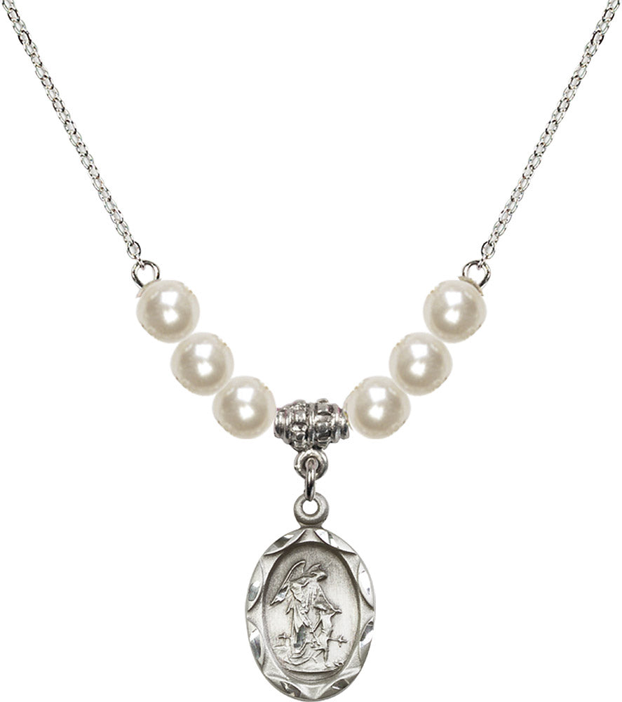 Sterling Silver Guardian Angel Birthstone Necklace with Faux-Pearl Beads - 0612