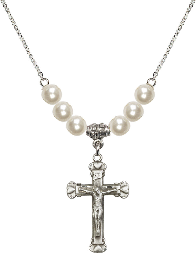Sterling Silver Crucifix Birthstone Necklace with Faux-Pearl Beads - 0620
