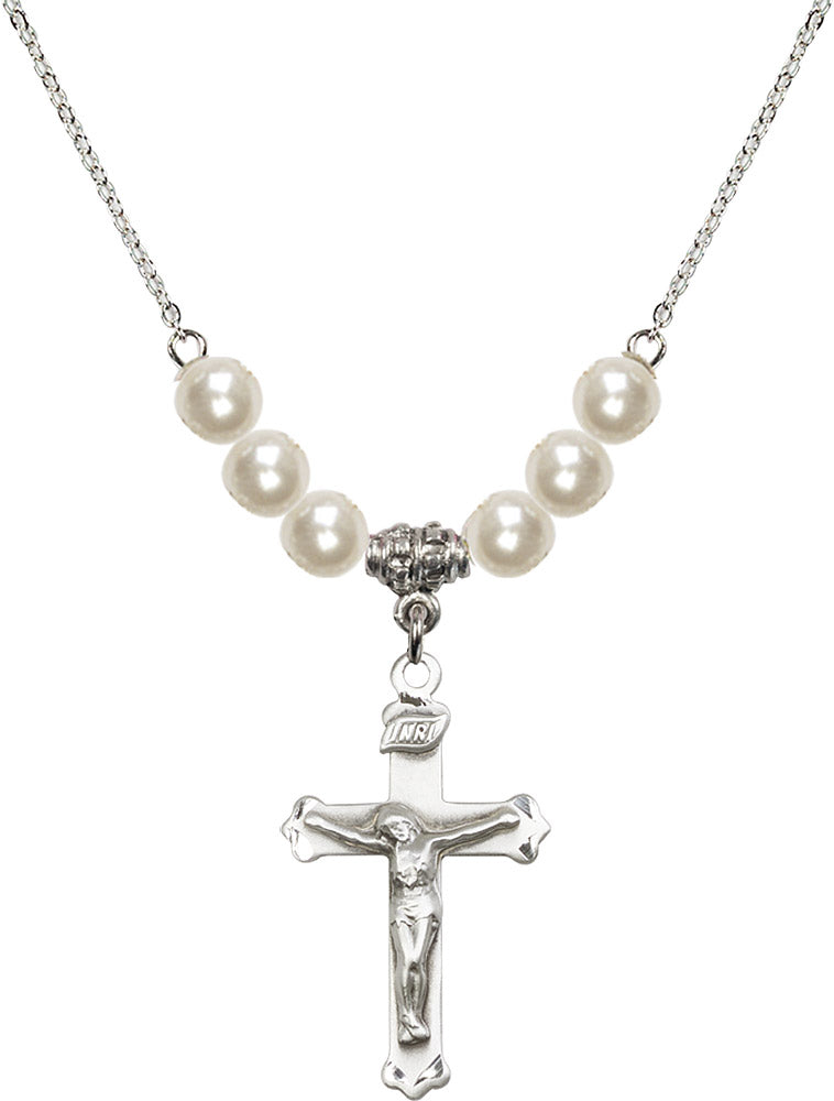 Sterling Silver Crucifix Birthstone Necklace with Faux-Pearl Beads - 0651