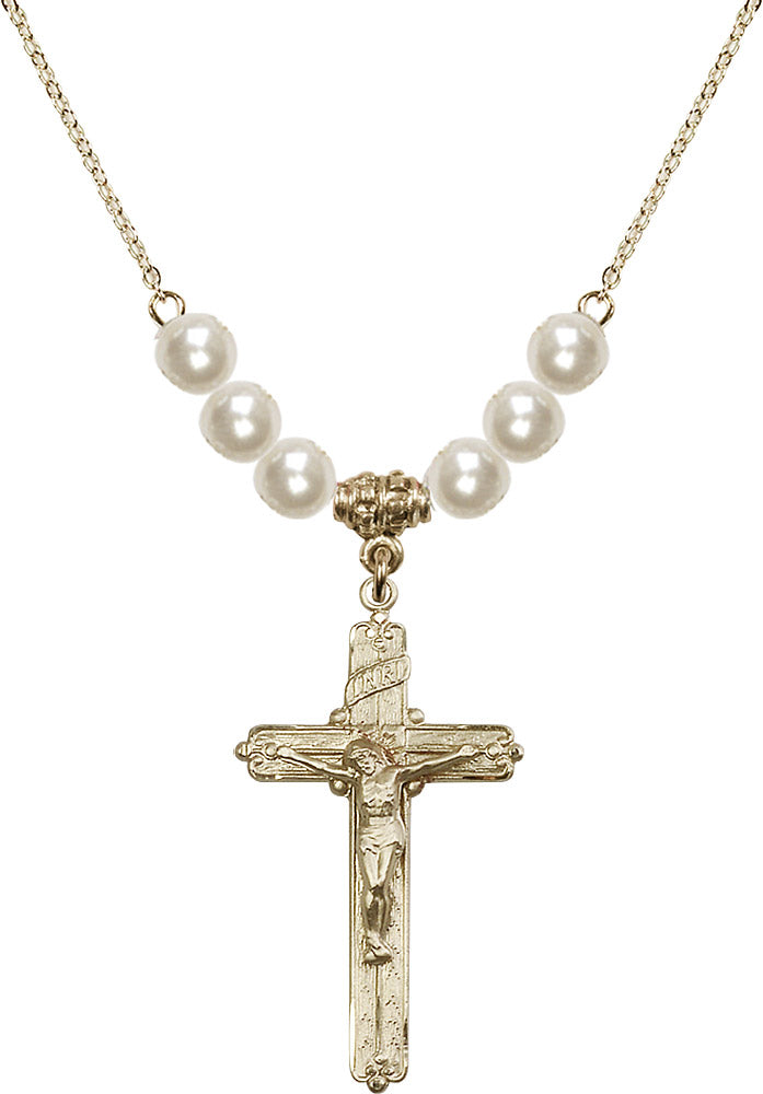 14kt Gold Filled Crucifix Birthstone Necklace with Faux-Pearl Beads - 0655