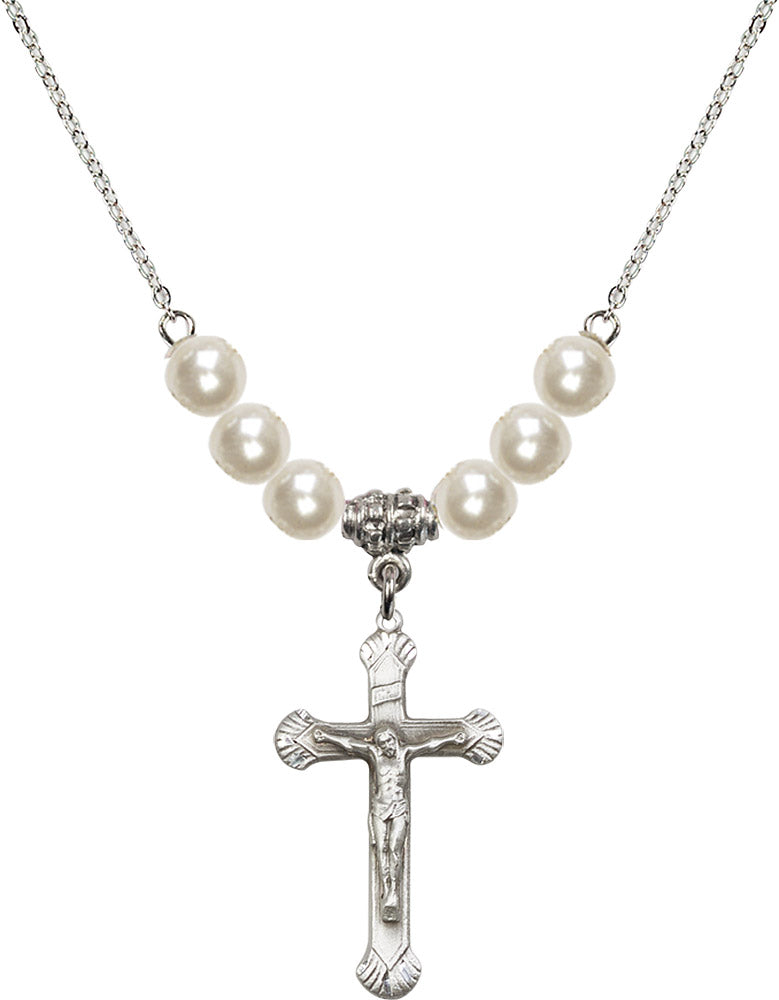 Sterling Silver Crucifix Birthstone Necklace with Faux-Pearl Beads - 0664