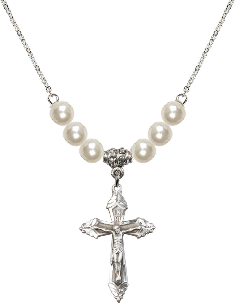 Sterling Silver Crucifix Birthstone Necklace with Faux-Pearl Beads - 0665