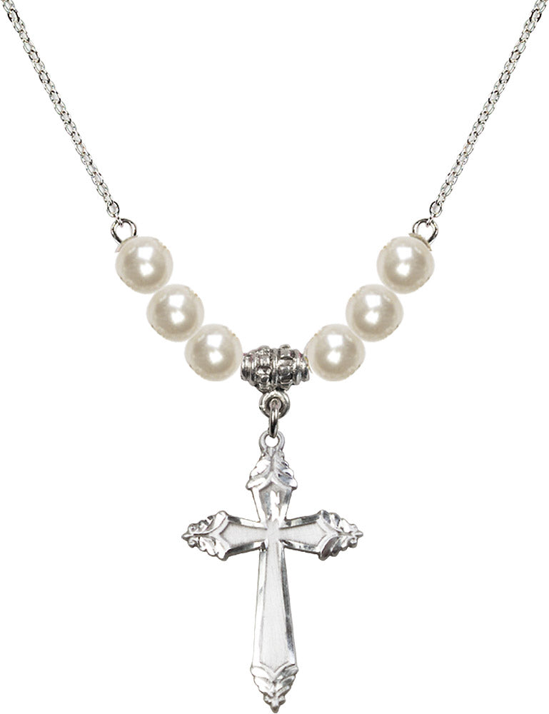 Sterling Silver Cross Birthstone Necklace with Faux-Pearl Beads - 0665