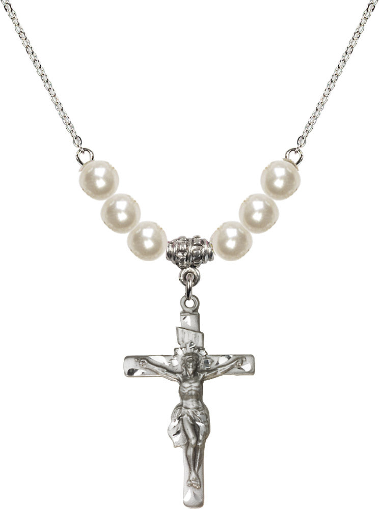 Sterling Silver Crucifix Birthstone Necklace with Faux-Pearl Beads - 0668