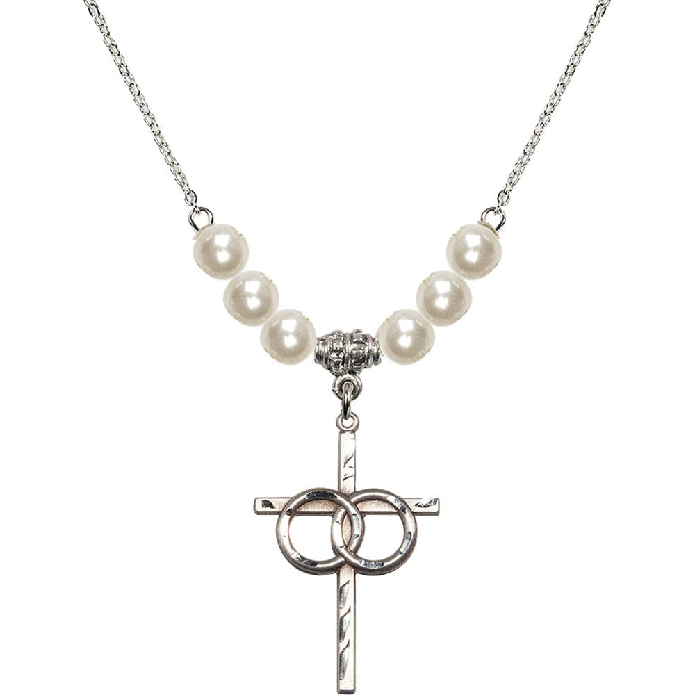 Sterling Silver Wedding Rings Cross Birthstone Necklace with Faux-Pearl Beads - 0671