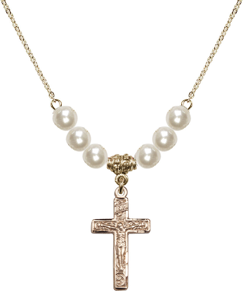 14kt Gold Filled Crucifix Birthstone Necklace with Faux-Pearl Beads - 0673