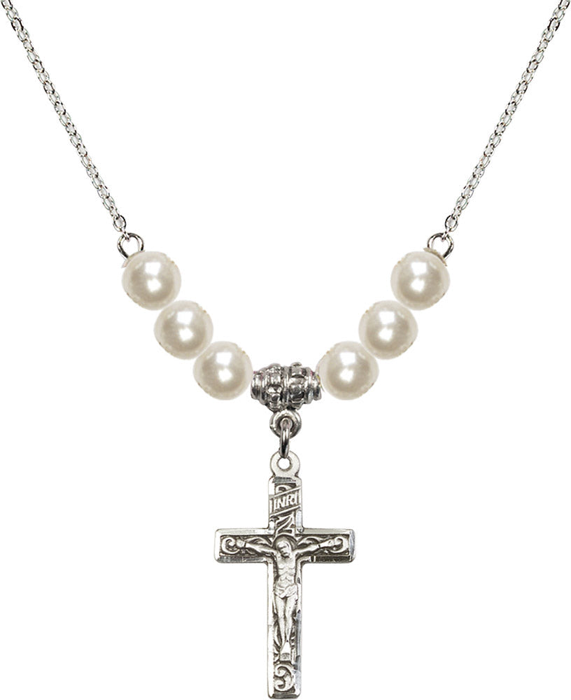 Sterling Silver Crucifix Birthstone Necklace with Faux-Pearl Beads - 0673