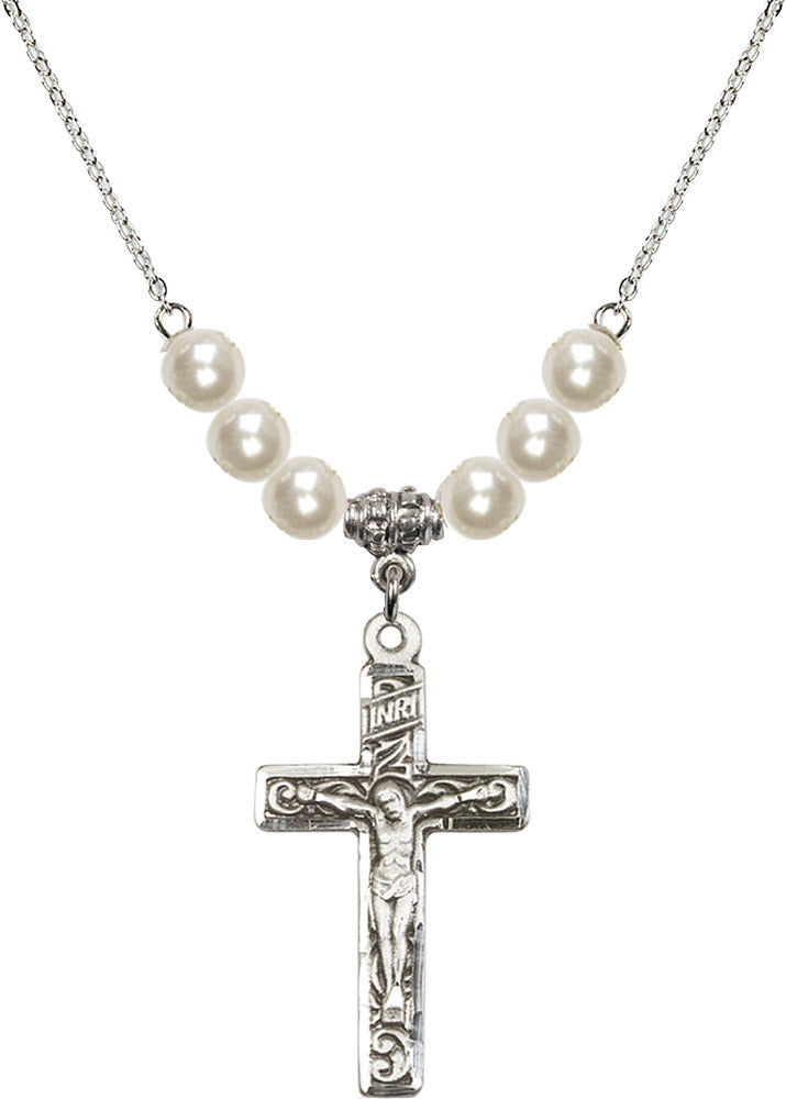 Sterling Silver Crucifix Birthstone Necklace with Faux-Pearl Beads - 0674