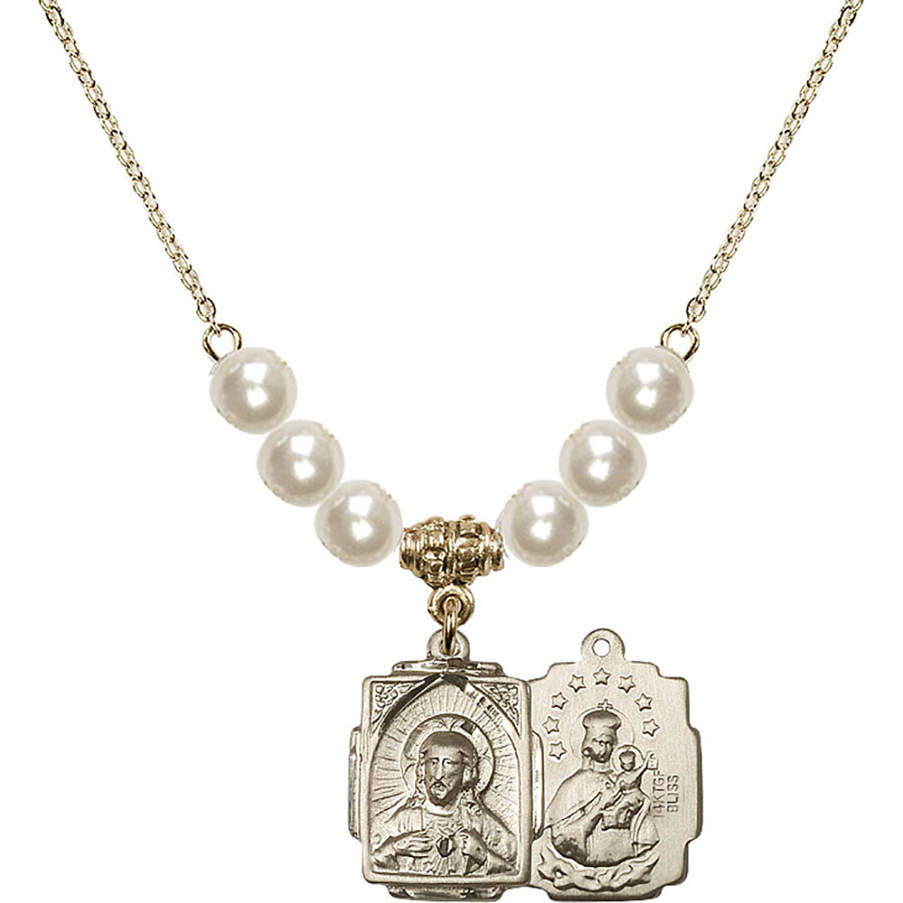 14kt Gold Filled Scapular Birthstone Necklace with Faux-Pearl Beads - 0804