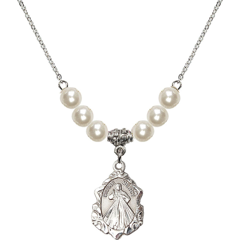 Sterling Silver Divine Mercy Birthstone Necklace with Faux-Pearl Beads - 0822