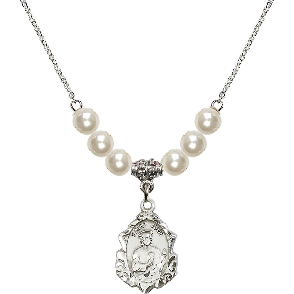 Sterling Silver Saint Jude Birthstone Necklace with Faux-Pearl Beads - 0822