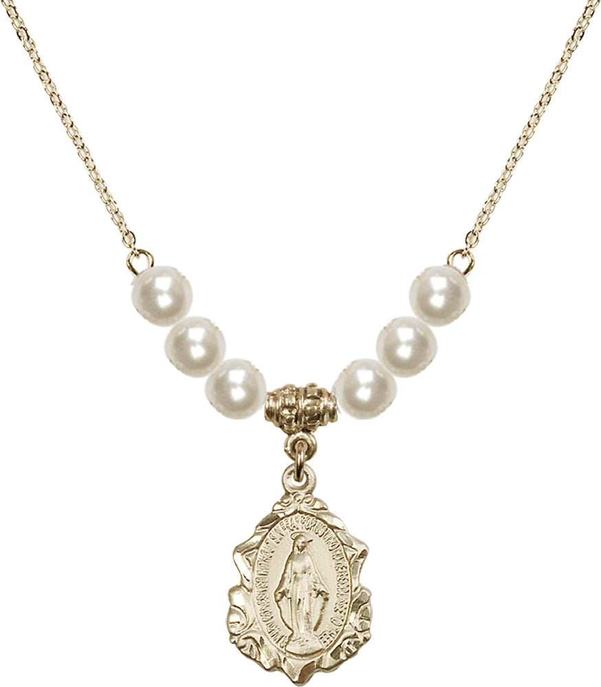 14kt Gold Filled Miraculous Birthstone Necklace with Faux-Pearl Beads - 0822