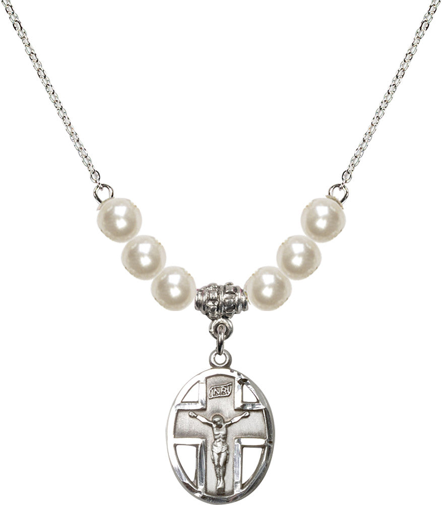 Sterling Silver Crucifix Birthstone Necklace with Faux-Pearl Beads - 0878