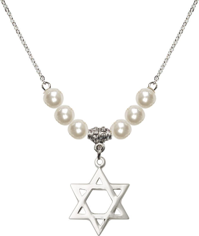 Sterling Silver Star of David Birthstone Necklace with Faux-Pearl Beads - 1210