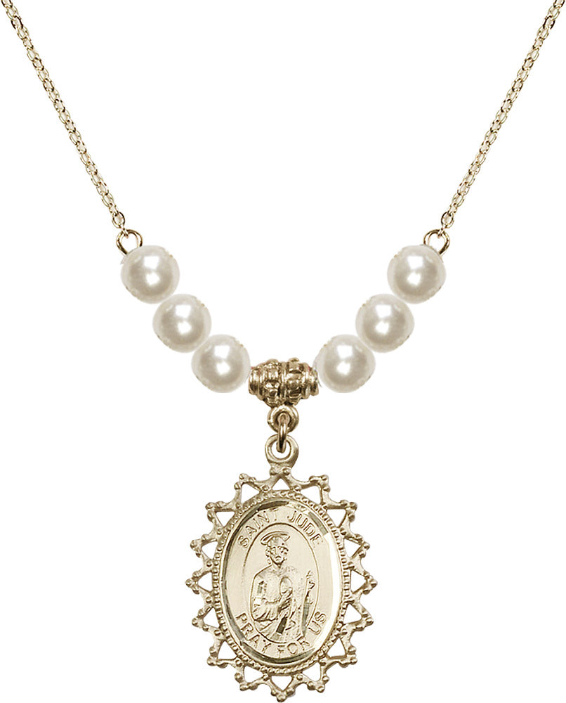 14kt Gold Filled Saint Jude Birthstone Necklace with Faux-Pearl Beads - 1619