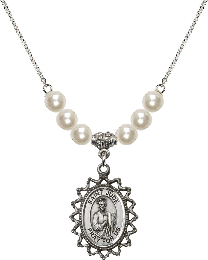 Sterling Silver Saint Jude Birthstone Necklace with Faux-Pearl Beads - 1619