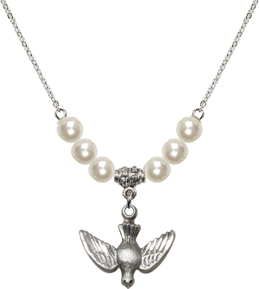 Sterling Silver Holy Spirit Birthstone Necklace with Faux-Pearl Beads - 1628