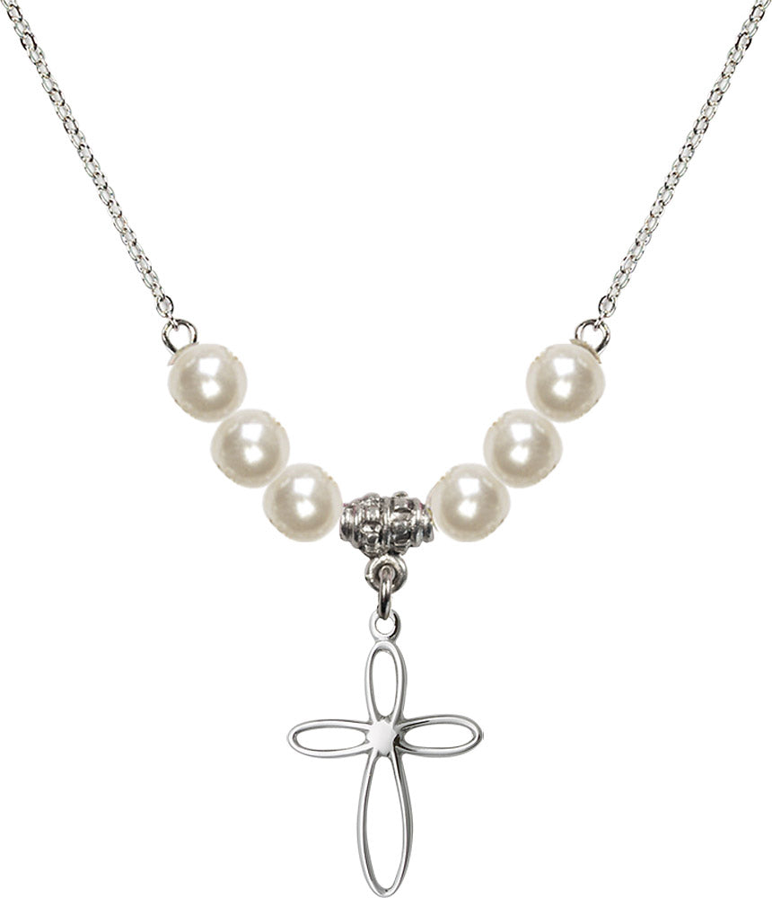 Sterling Silver Loop Cross Birthstone Necklace with Faux-Pearl Beads - 1707