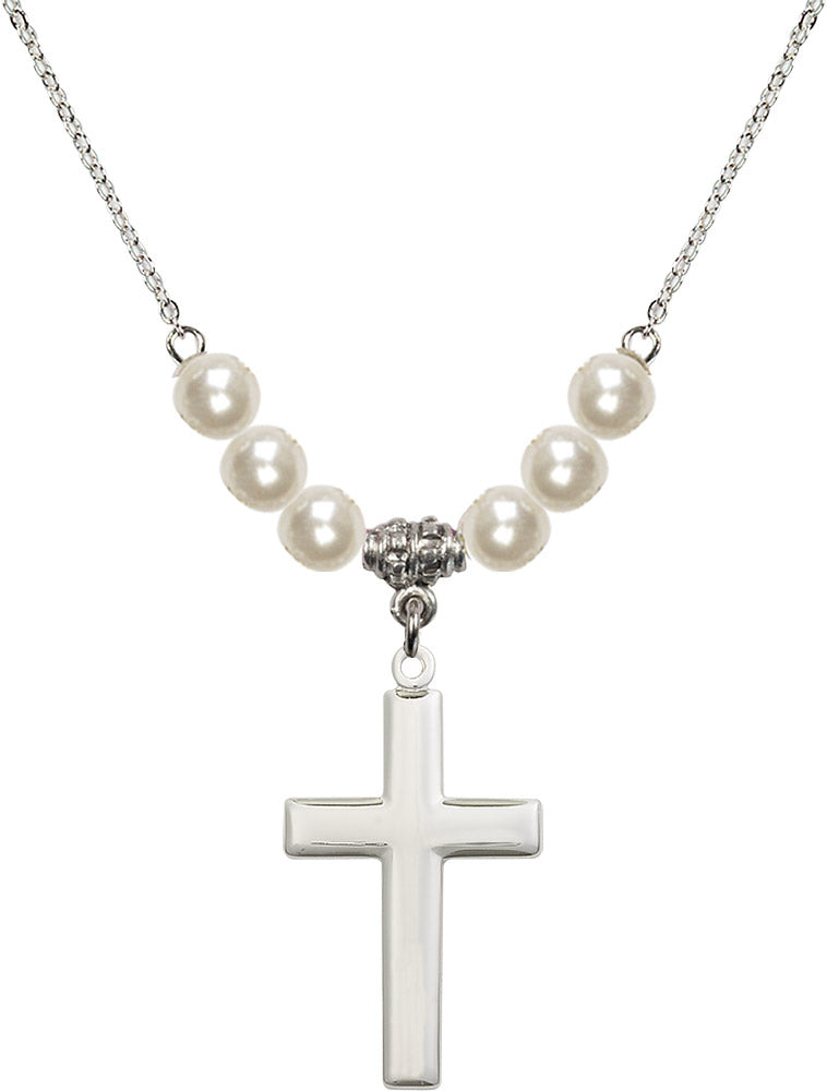 Sterling Silver Cross Birthstone Necklace with Faux-Pearl Beads - 2190