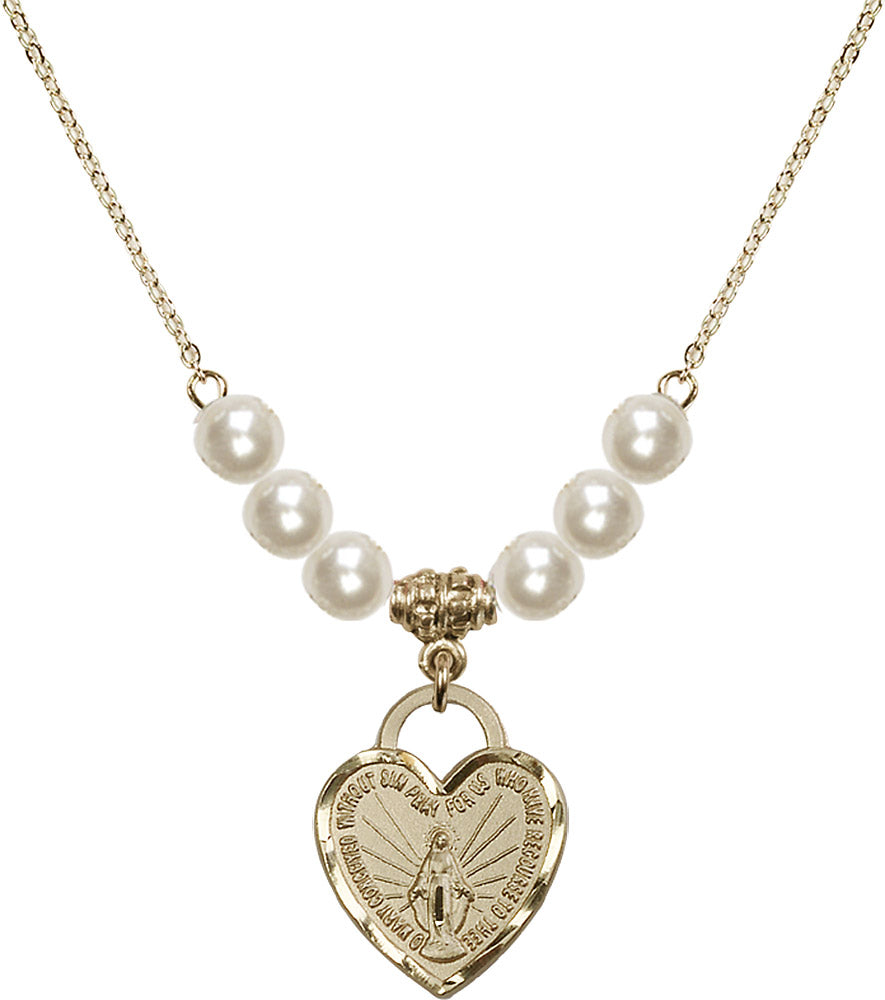 14kt Gold Filled Miraculous Heart Birthstone Necklace with Faux-Pearl Beads - 3201