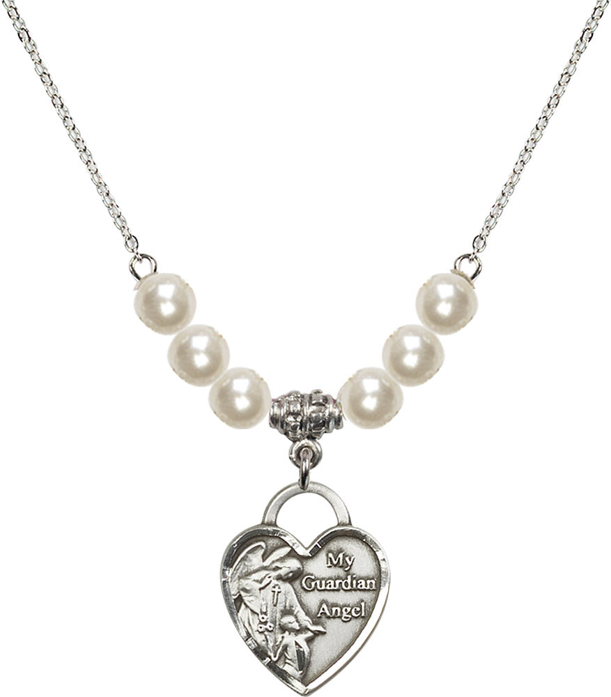 Sterling Silver Guardian Angel Heart Birthstone Necklace with Faux-Pearl Beads - 3202