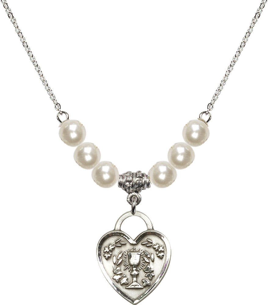 Sterling Silver Communion Heart Birthstone Necklace with Faux-Pearl Beads - 3204