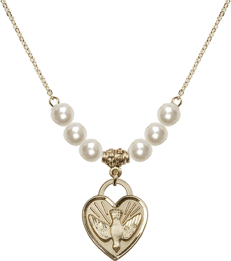 14kt Gold Filled Confirmation Heart Birthstone Necklace with Faux-Pearl Beads - 3205