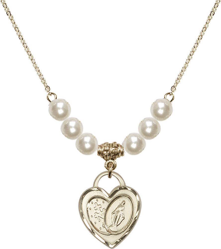 14kt Gold Filled Miraculous Heart Birthstone Necklace with Faux-Pearl Beads - 3212