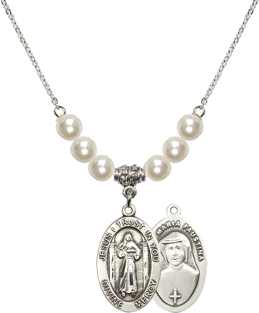 Sterling Silver Divine Mercy Birthstone Necklace with Faux-Pearl Beads - 4123