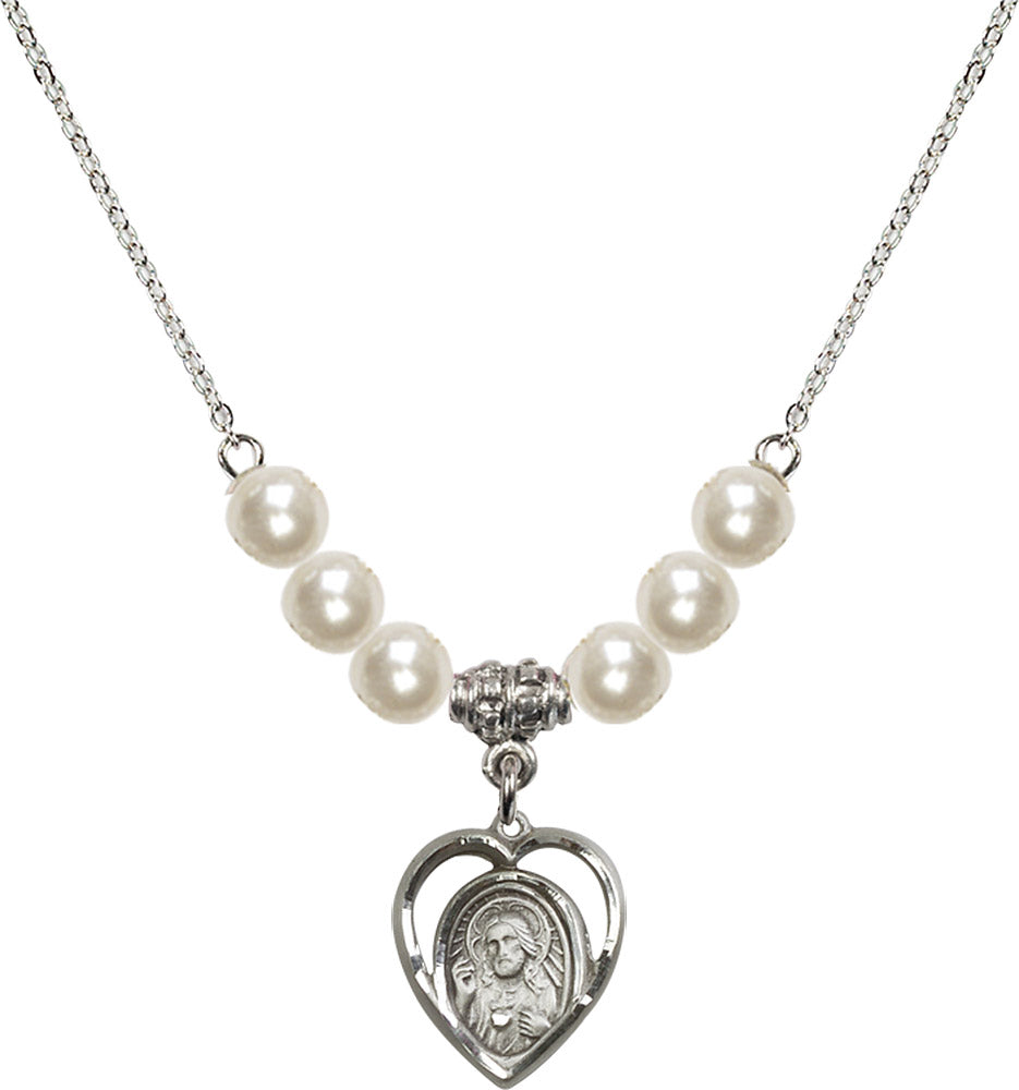 Sterling Silver Scapular Birthstone Necklace with Faux-Pearl Beads - 4126