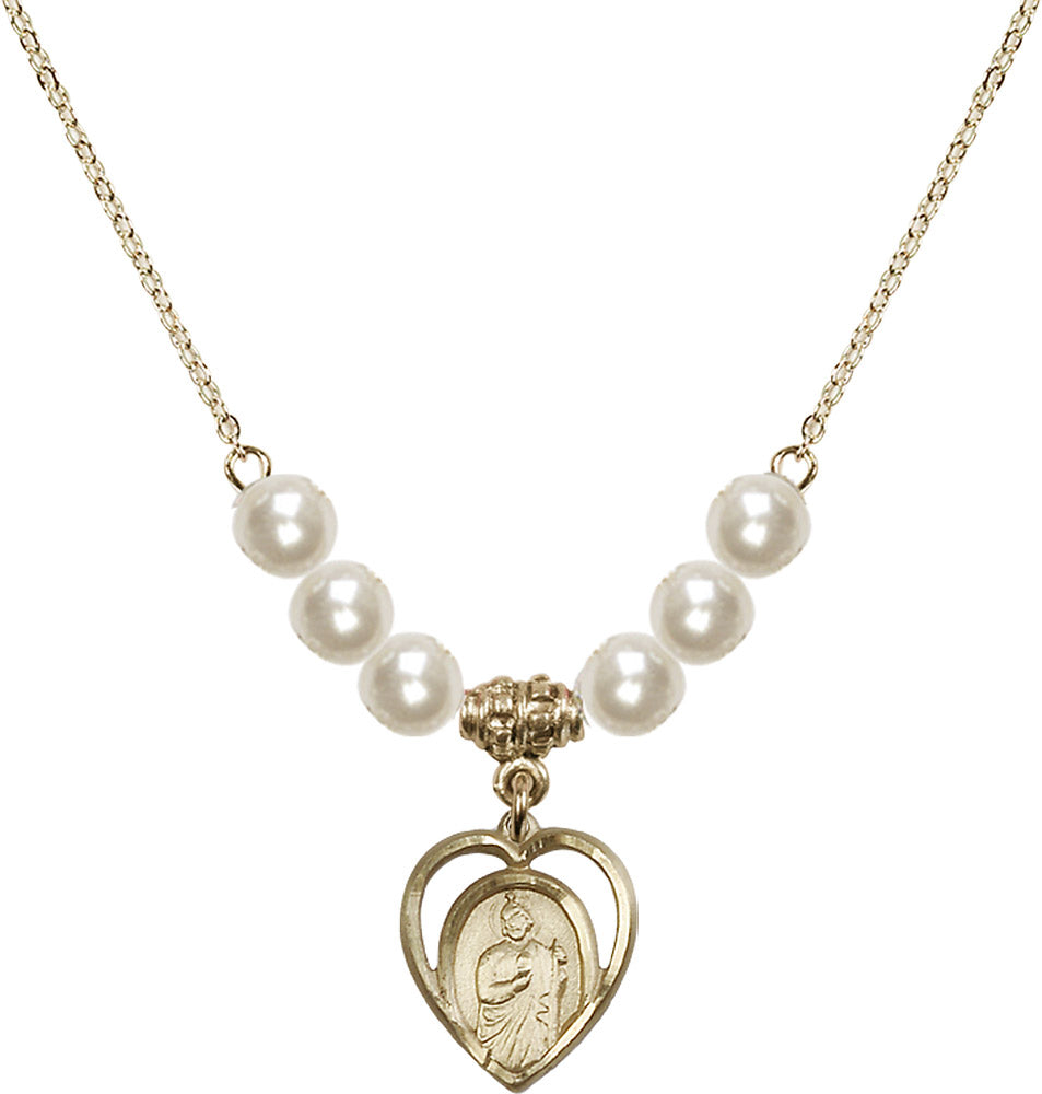 14kt Gold Filled Saint Jude Birthstone Necklace with Faux-Pearl Beads - 4128