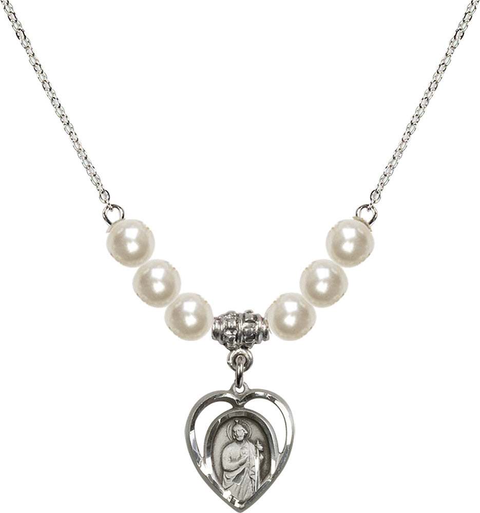 Sterling Silver Saint Jude Birthstone Necklace with Faux-Pearl Beads - 4128
