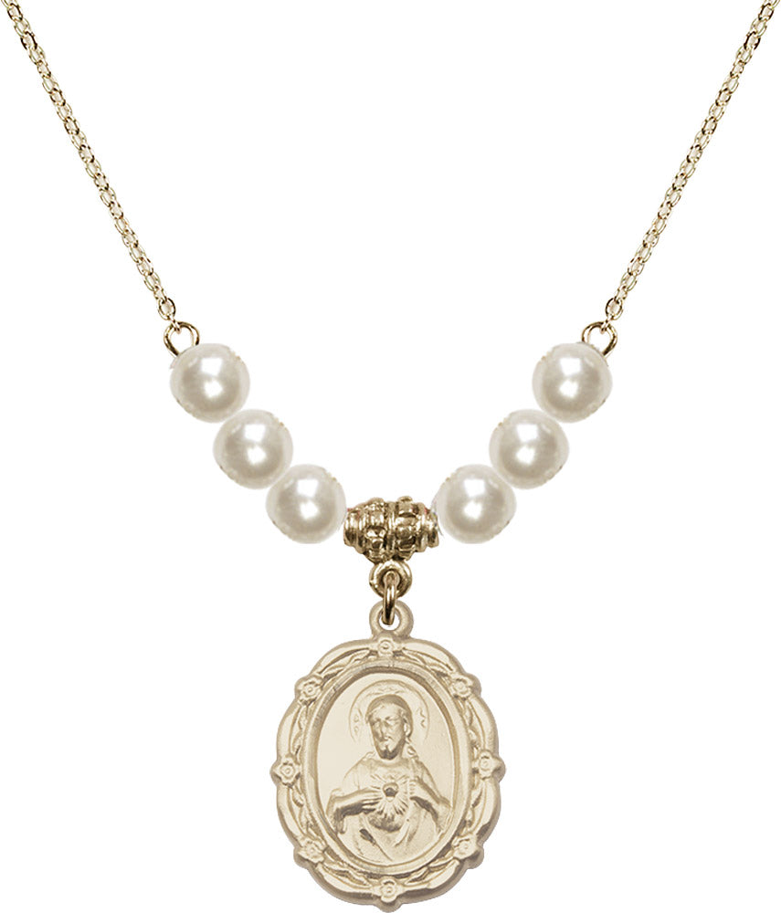 14kt Gold Filled Scapular Birthstone Necklace with Faux-Pearl Beads - 4146
