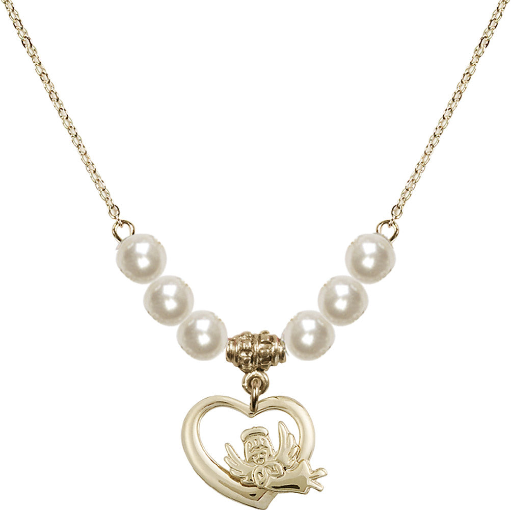 14kt Gold Filled Heart / Guardian Angel Birthstone Necklace with Faux-Pearl Beads - 4206