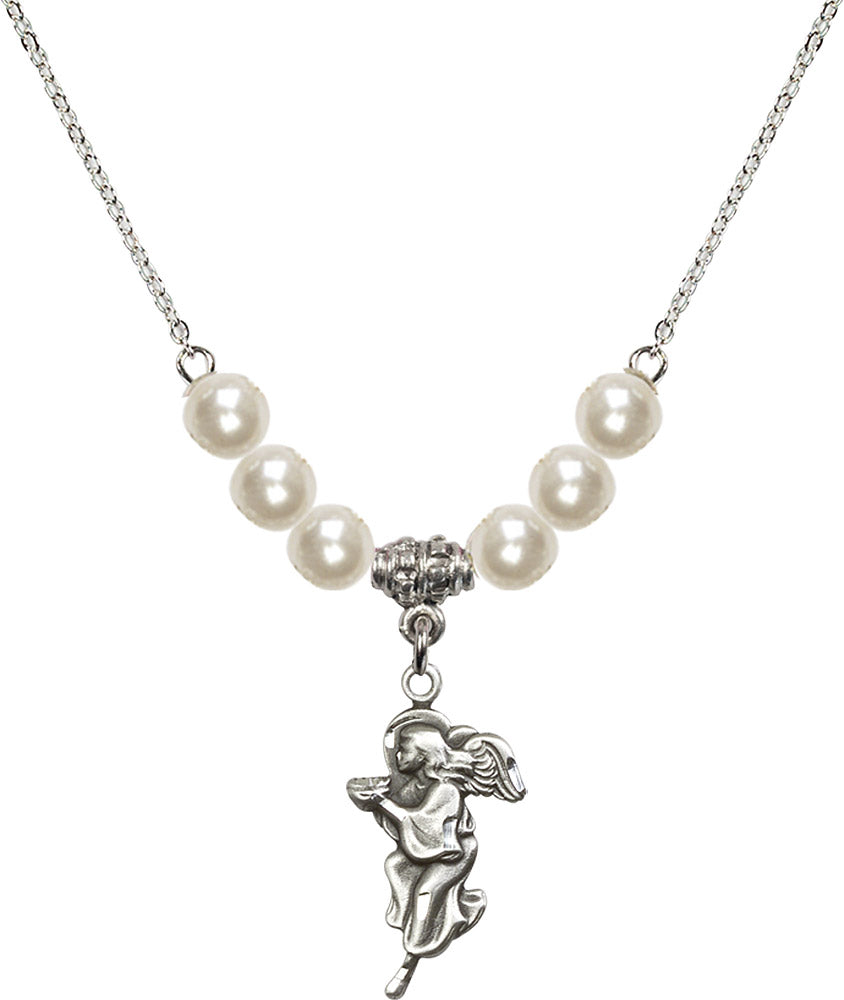 Sterling Silver Guardian Angel Birthstone Necklace with Faux-Pearl Beads - 4260