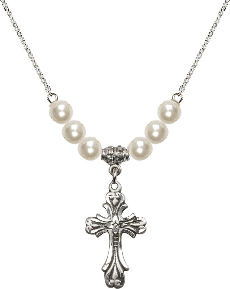 Sterling Silver Cross Birthstone Necklace with Faux-Pearl Beads - 5419