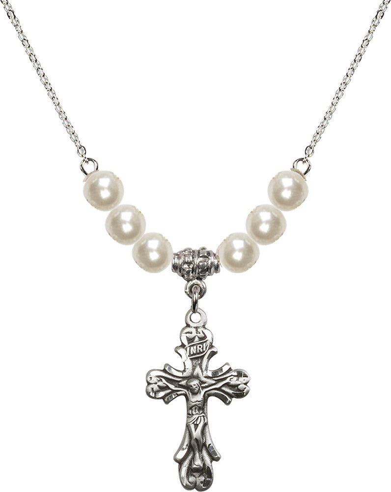 Sterling Silver Crucifix Birthstone Necklace with Faux-Pearl Beads - 5421