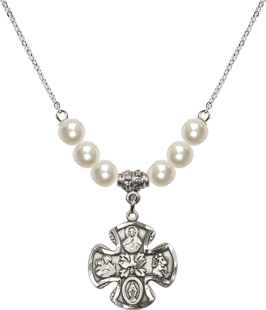 Sterling Silver 5-Way Birthstone Necklace with Faux-Pearl Beads - 5443