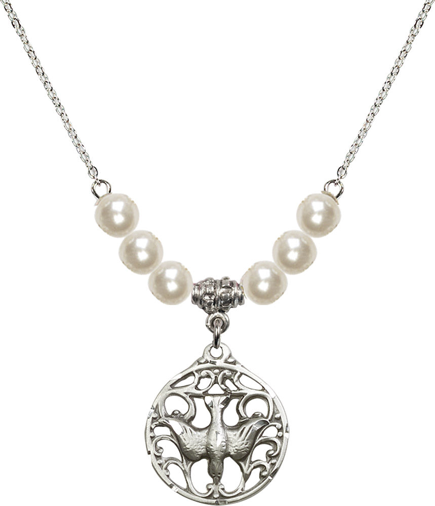 Sterling Silver Holy Spirit Birthstone Necklace with Faux-Pearl Beads - 5655