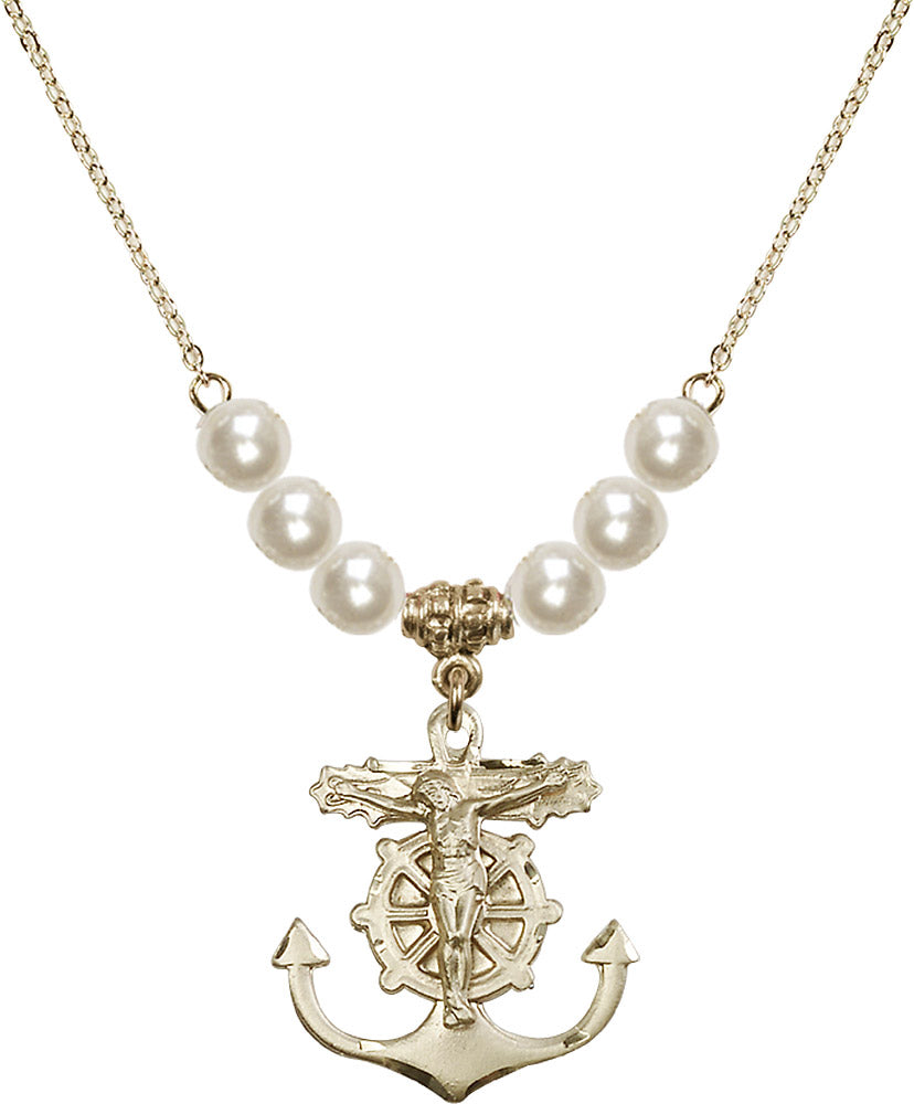 14kt Gold Filled Anchor Crucifix Birthstone Necklace with Faux-Pearl Beads - 5685