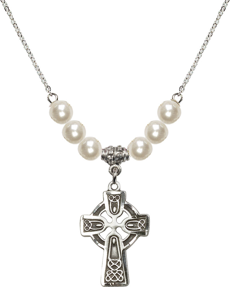 Sterling Silver Celtic Cross Birthstone Necklace with Faux-Pearl Beads - 5689