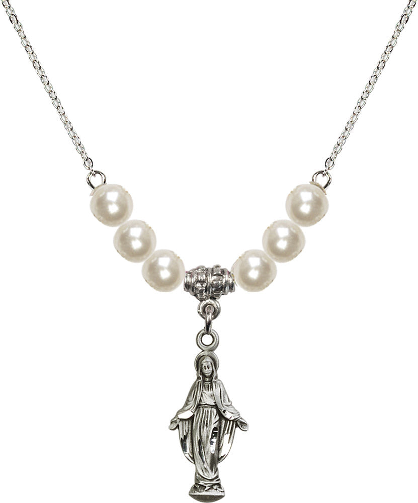Sterling Silver Miraculous Birthstone Necklace with Faux-Pearl Beads - 5900