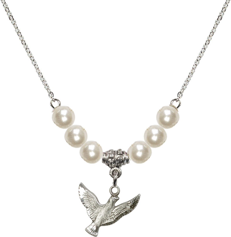Sterling Silver Holy Spirit Birthstone Necklace with Faux-Pearl Beads - 5912
