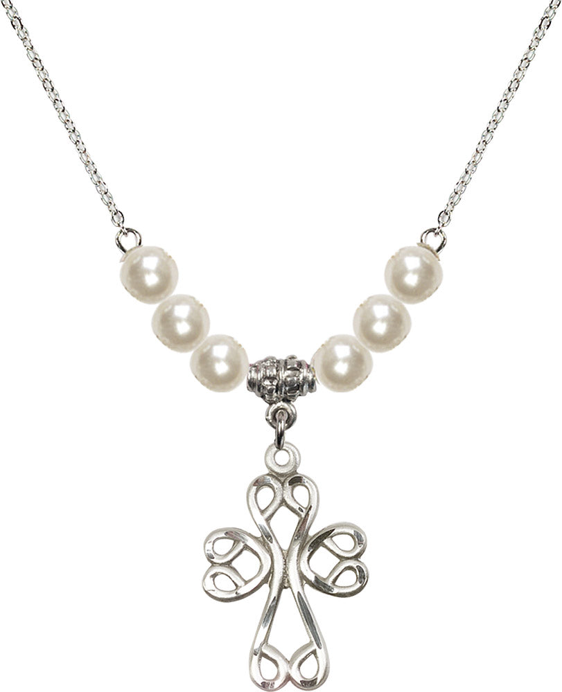 Sterling Silver Scroll Cross Birthstone Necklace with Faux-Pearl Beads - 5998