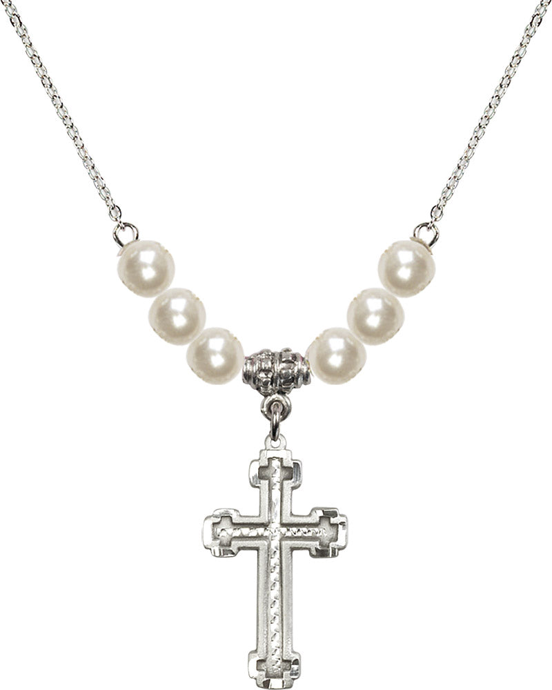 Sterling Silver Cross Birthstone Necklace with Faux-Pearl Beads - 6039