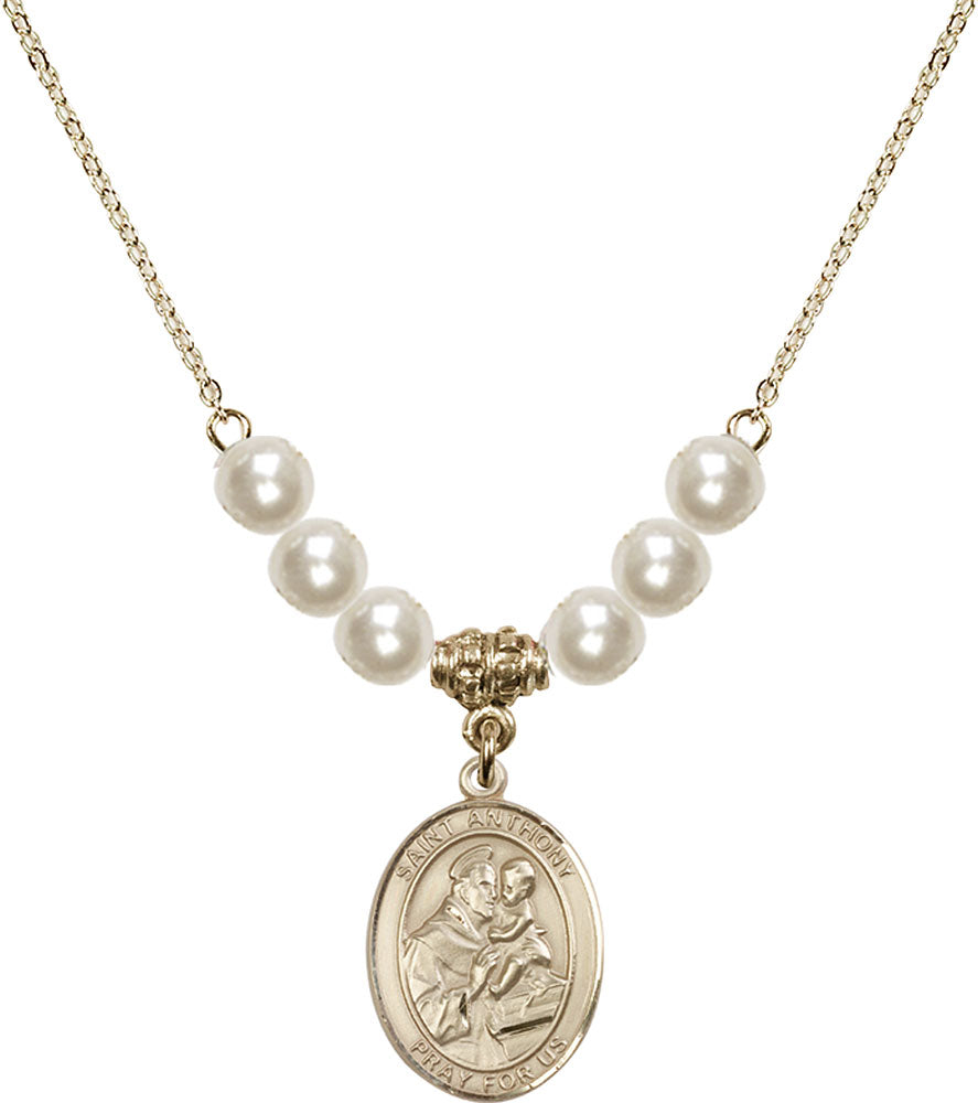 14kt Gold Filled Saint Anthony of Padua Birthstone Necklace with Faux-Pearl Beads - 8004